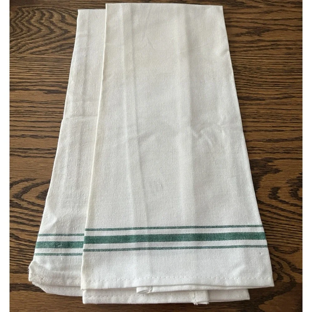 2 Kitchen Tea Hand Towels Light Cotton Green & White Stripes Pakistan 26 x 15